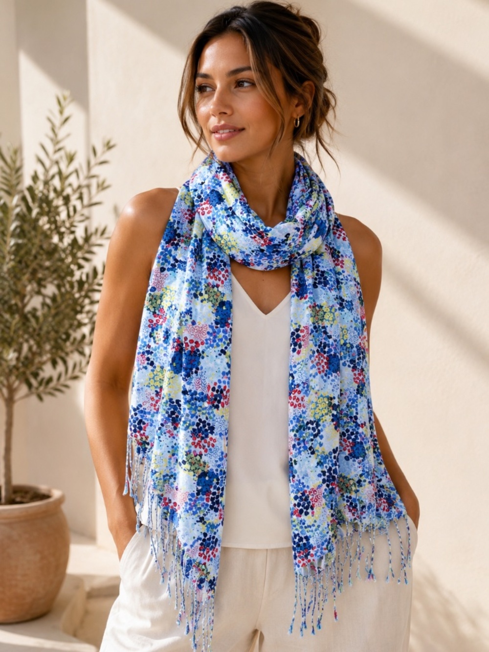 Old Navy Watercolor Floral Fringe Scarf Blue Yellow Red Lightweight